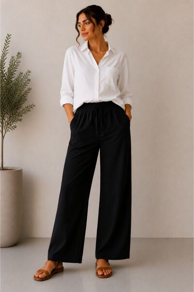 ModaYaren Linen Mixed Loose Cut Waist-Tie Pants