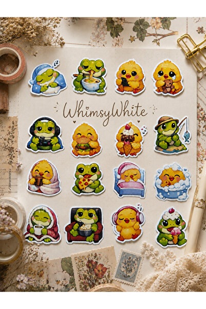 WhimsyWhite مجموعة ملصقات كاواي بتصميم الضفدع والكتاكيت |   16 ملصقًا فرديًا ...