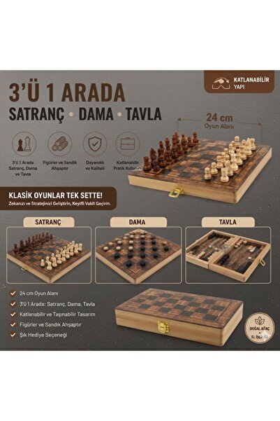 e-life Lüks Ahşap 3'ü 1 Arada Satranç Dama Tavla Seti Katlanabilir Kilitli Se...