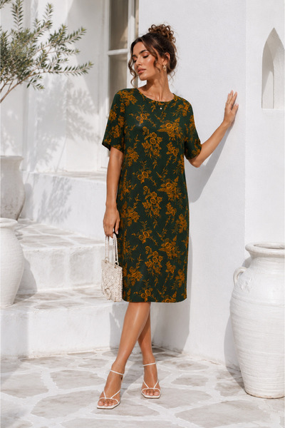 Rich Women's Khaki Floral Patterned Short Sleeve Dress