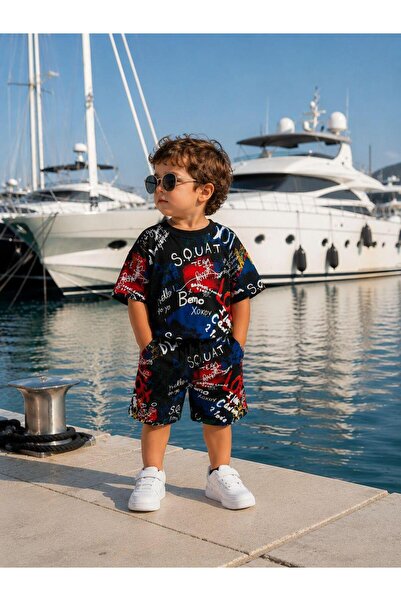 HZR wear طقم شورت وتي شيرت للأولاد مطبوع عليه جرافيت، مجموعة صيفية كبيرة الحجم