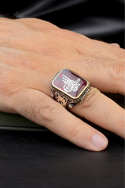 innuendo jewelery 925 Ayar Gümüş Kırmızı Mineli Osmanlı Tuğralı Kare Erkek Yüzük
