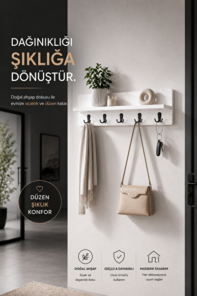 Atlanta Home Mira Duvar Askılığı Raflı Portmanto Askılık 5 Kancalı Dekoratif ...