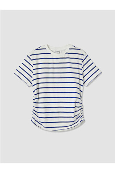 LC Waikiki New Season Blue Striped Drawstring Girls' T-Shirt