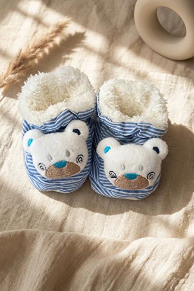 Babydonat Unisex Bebek Mavi Çizgili Ayıcık Figürlü Peluş İç Astarlı Yumuşak E...