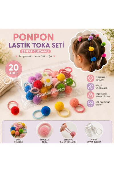 Green 20’li Renkli Ponpon Lastik Toka Seti