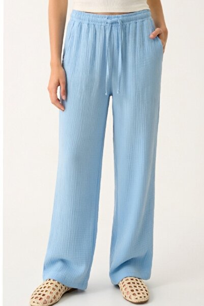 Cockatoo Women's Muslin Wide-Legged Trousers with Elastic Waist and Laces, Co...