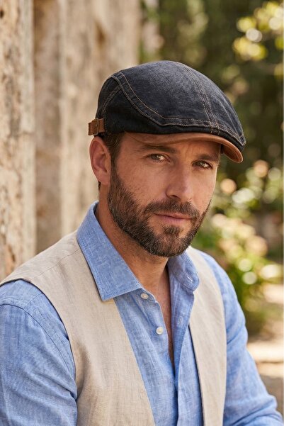 Hat Town Vintage Denim Cap - Flat Cap with Adjustable Buckle and Suede Visor