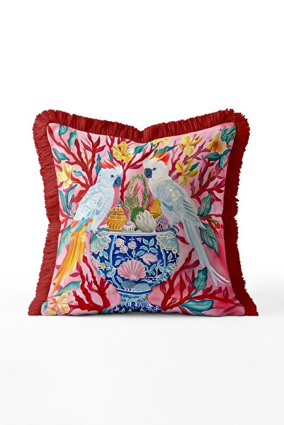 IdeCraft Parrot and Tile Vase Patterned Fringed Throw Pillow Cover - Pink Pil...