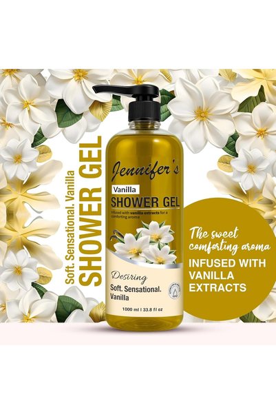 Jennifer's Jennifer’s Vanilla Shower Gel 1L - Enriched with Natural Vanilla Extracts - Moisturizing & Soothing Body Wash for Soft, Smooth & Beautifully Scented Skin - Gentle Daily Cleanser for Men & Women