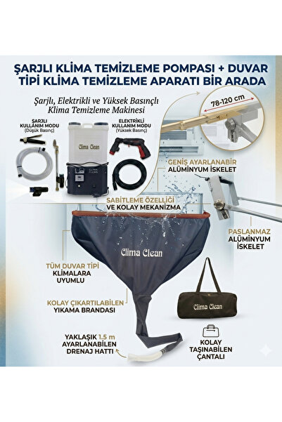 CLİMA CLEAN ELEKTRİKLİ VE ŞARJLI KLİMA TEMİZLEME POMPASI+DUVAR TİPİ KLİMA TEM...