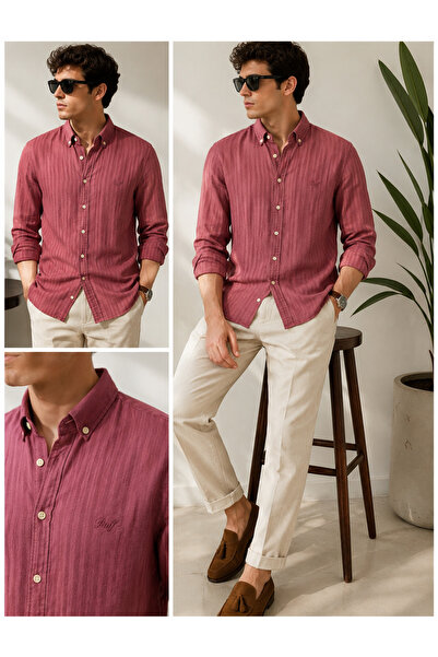 myDea Men's Striped Linen Blend Shirt – Button-Down Collar, Modern Cut