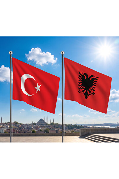 puntodizayn Arnavutluk Bayrağı ve Alpaka Kumaş Türk Bayrağı 2'li Set 70x105cm