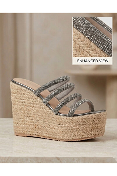 POLENS Straw Sole Platform Wedge Heeled Crystal Stone Sandals Slippers