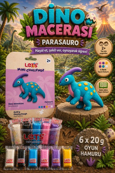 Lets Mini Challenge 5 Renk Dino Macerası Parasauro Oyun Hamuru 120g