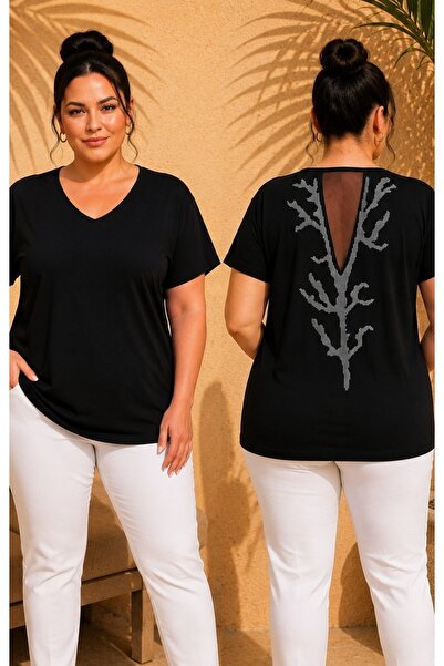 FOR ESRA BIG TREND Women's Black Plus Size Transparent Back Stone Embellished...