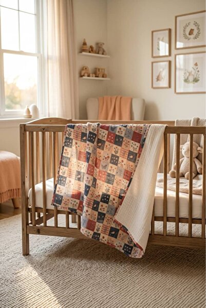 Uykucu Tosbağa Patchwork Çiçekli Müslin Örtü 100x100 cm