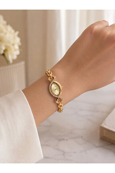 Boris Accessory Women's Wristwatch Gold Color Stone Detailed Oval Dial Elegan...