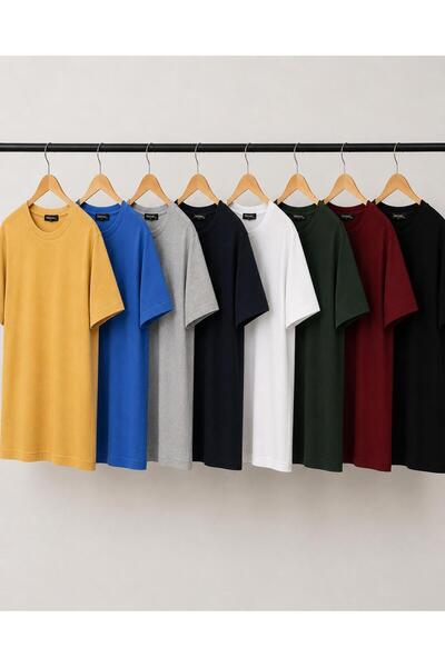 Kuraff Giyim Unisex Basic 8-Piece Cotton Solid Color T-Shirt with Circular Ne...
