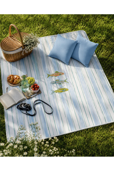 Kuki Concept 150x220 cm mavi çizgili balık desen dijital baskı masa & piknik ...