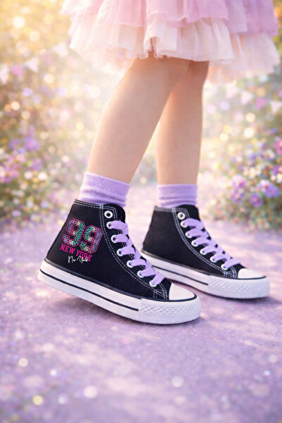 Ymn ayakkabı Leopar Desenli 99 Baskılı Lila Bağcıklı Bilekli Siyah Çocuk Sneaker