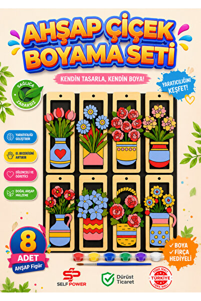 Self Power ÇEŞİTLİ MODELLERDE ŞIK AHŞAP ÇİÇEK BOYAMA SETİ BOYA &FIRÇA DAHİL