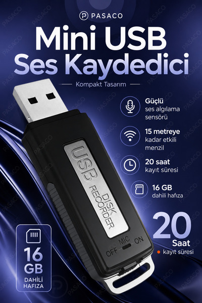 PASACO 16 GB USB Ses Kayıt Cihazı Tek Tuşla Kayıt WAV Format Mini Dijital Ses...