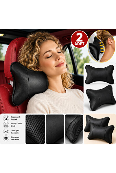 TUMKE Araç Boyun Yastığı 2 Adet Ergonomik Oto Kafa ve Boyun Destek Yastığı Siyah Deri Görünümlü Konfor Yastığı