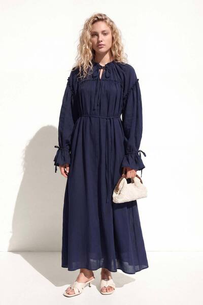 Hooopstore Drawstring Long Navy Blue Dress