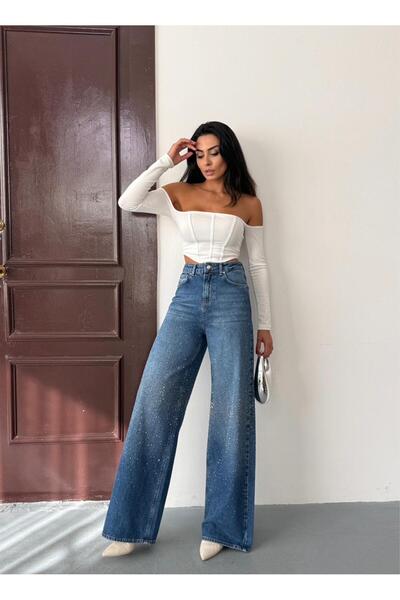 XBELLA DENİM KOT PANTOLON BAGGY ÖN TAŞ İŞLEMELİ MAVİ YENİ SEZON TREND