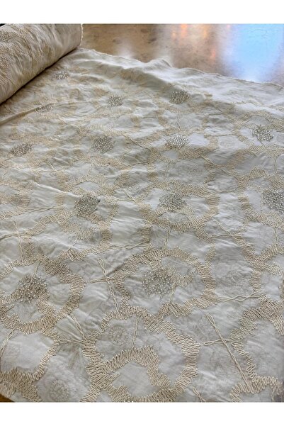 METERİAL Luxurious Linen Viscose Fabric with Shimmering Sequin Detail - Cream...