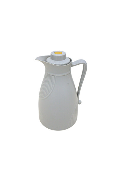 Al Nokhba Geometric Insulated Dallah, Light Grey, 1.0L, Fluted Design, Gold A...