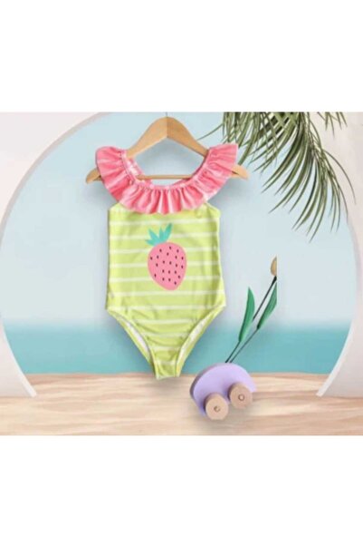 kr kids Girl's Strawberry Patterned Ruffle Swimsuit with Cross Tie Back Summe...