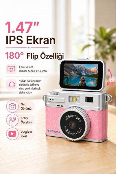 Torima Mini Dijital Kamera 2K Flip Ekranlı Selfie Video Vlog Kamerası CMR49 Pembe