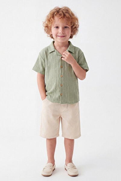 NOBLEKIDS Boy's Striped Shirt and Denim Shorts Set Green