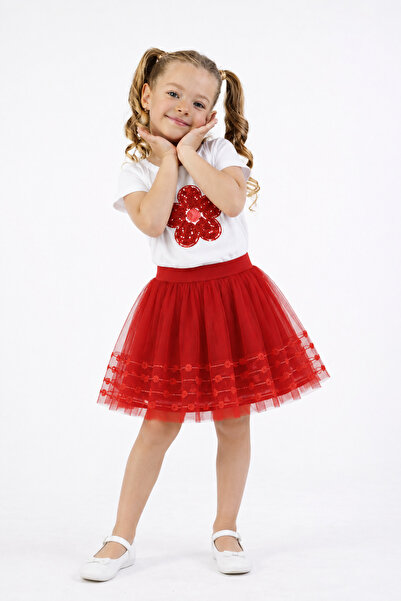 NATS KİDS Girl's Red Tutu Skirt Set with Sequin Flower Detail and White T-Shirt