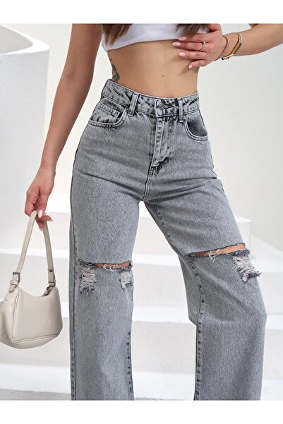 zeofficial Jeans Pants with Front Knee Laser Detail Wide-Leg Gray / Blue New ...