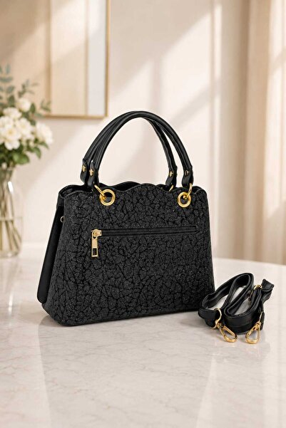zemihra Stylish Women's Hand and Shoulder Bag with Glitter Gold Detail, Lined Inside, 2 Compartments and Adjustable Strap