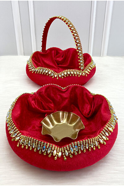 ZEYMERADE Red Bridal Henna Night Tray Basket Set, Velvet Large Shiny Stone De...
