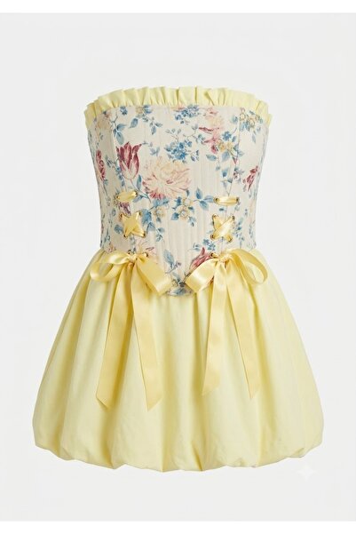Julidress Комплект от корсетна блуза с флорални мотиви, детайл с панделка и м...