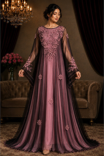 Bab almadina collection Trendyol Modest Floral Embroidered Cape Sleeve Evenin...