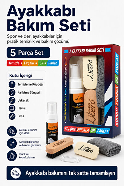 Libero Ayakkabı Bakım Seti 5 Parça Temizleme Köpüğü Fırça Havlu Sünger Çekece...