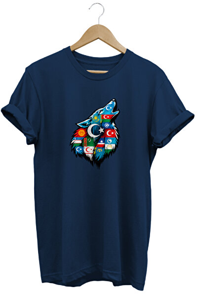WİDİ Unisex Turkish States Flag and Bozkurt Printed Regular T-Shirt