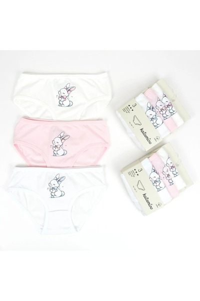 Katamino 3-10 Years Old Girls' Rabbit Printed 3-Piece Slip Underwear Set