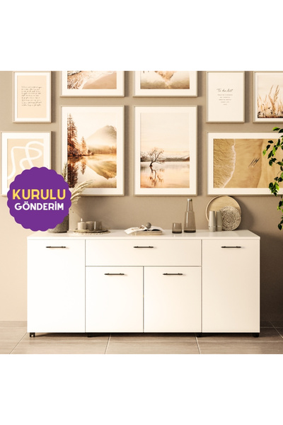 HOMECONOM Liada-L Tekerlekli Ada Konsol 160 cm Parlak Beyaz Mdf Lam