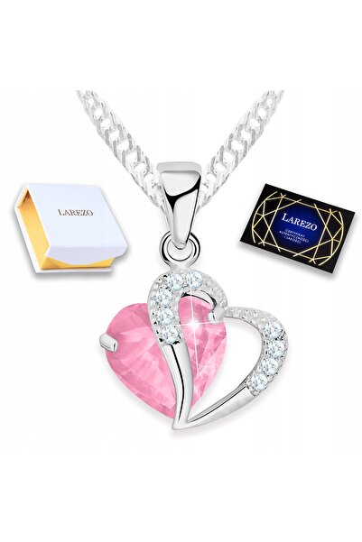 Larezo 925 Silver Necklace, Heart Pendant With Pink Crystal And Shiny Zirconi...