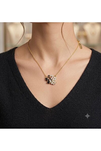 DELLS ACCESSORY Black White Gold Double Swan Steel Necklace (Double Swan)