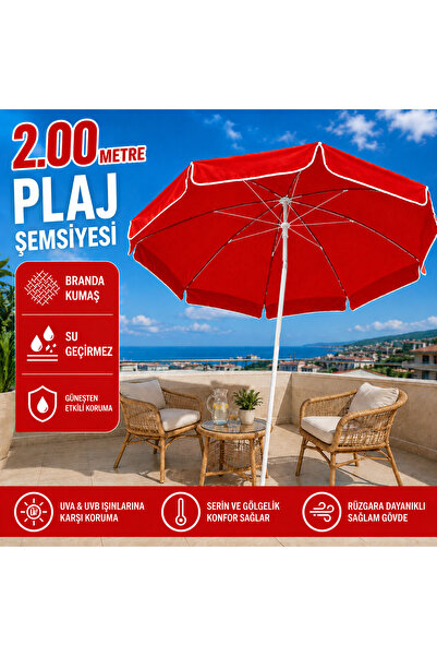 AYDINLAR STORE 2.00 Metre Branda Kumaş Kırmızı Renk Plaj Şemsiyesi, Su Geçirm...