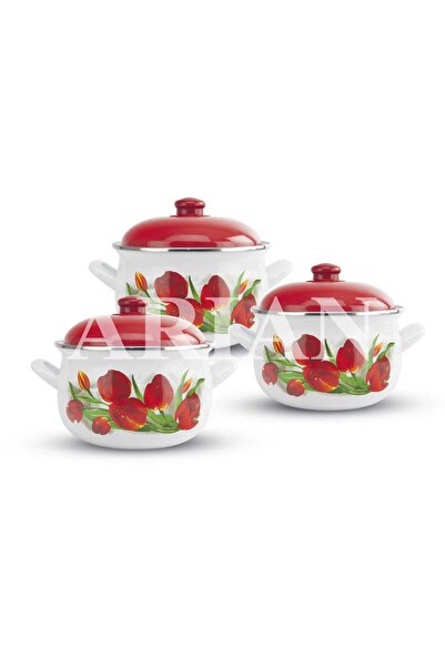 Arian Top Bottom Set of 3 enamel pots with Arian lid, capacity 3.8L, 4.8L, 6....