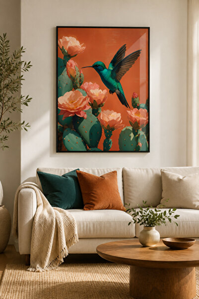 sayetablo Hummingbird Bloom - Gerçek Cama Baskı Siyah Alüminyum Metal Çerçeve...